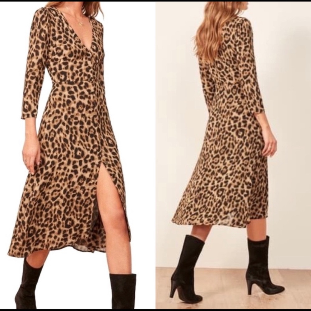 REFORMATION Alma Midi Dress in Leopard NWOT Sz 2